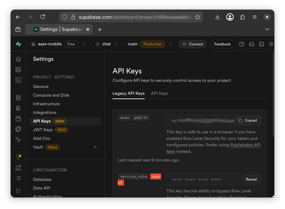 Supabase project keys